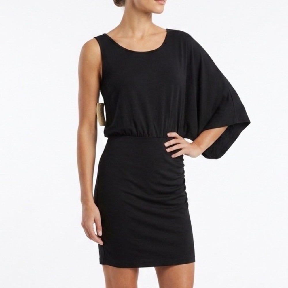 Vintage Y2K NWT Black Asymmetric Ruched Mini Dress Clubwear L